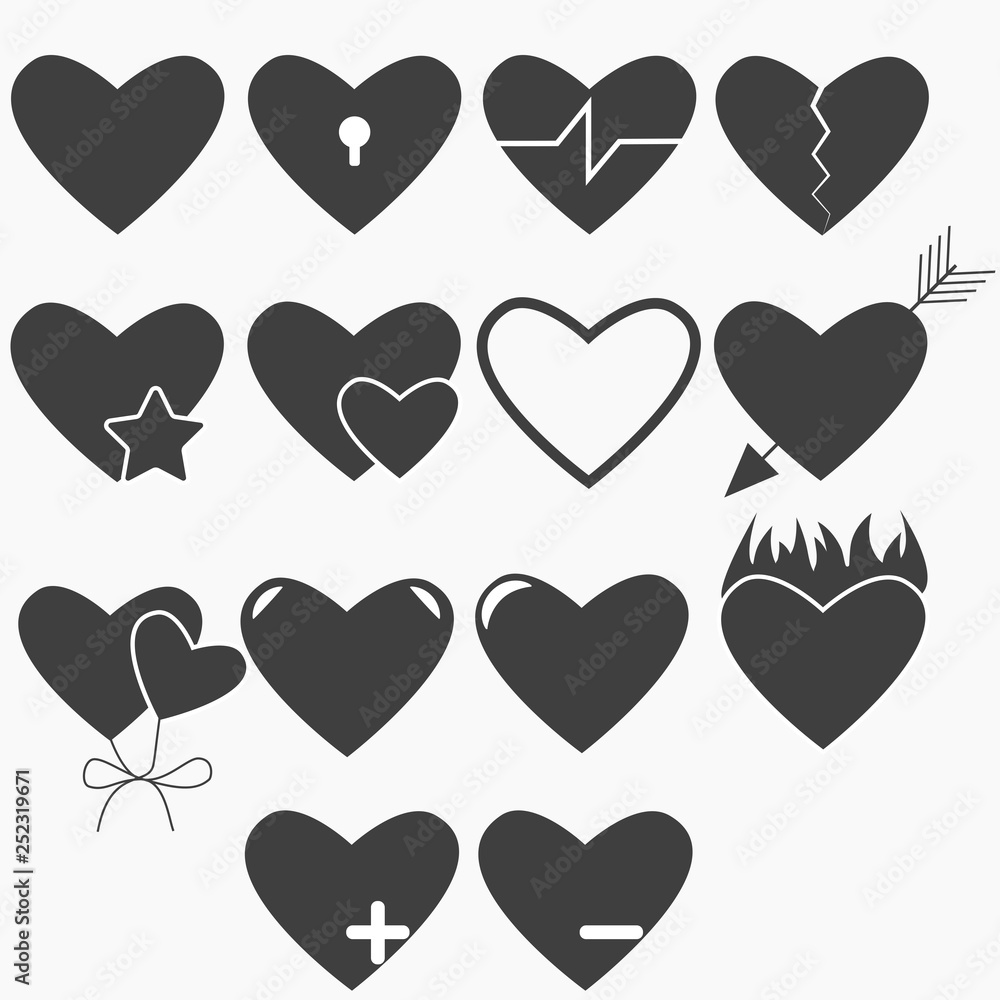 Black heart icon set isolated on white background. Passion love shape, health concept. Valentine day symbol. Simple element. Vector flat design