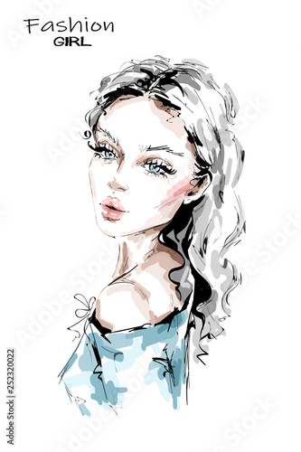 Hand drawn beautiful young woman with long blonde hair. Stylish girl. Fashion woman look. Beautiful female face. Sketch.