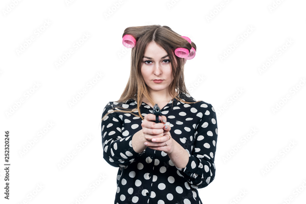 business woman in hair curlers with gun business woman in hair curlers with gun
