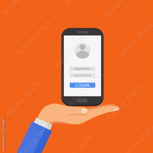 Sign in, login page on smartphone screen. Hand hold phone. Cellphone isolated on background. Vector cartoon design