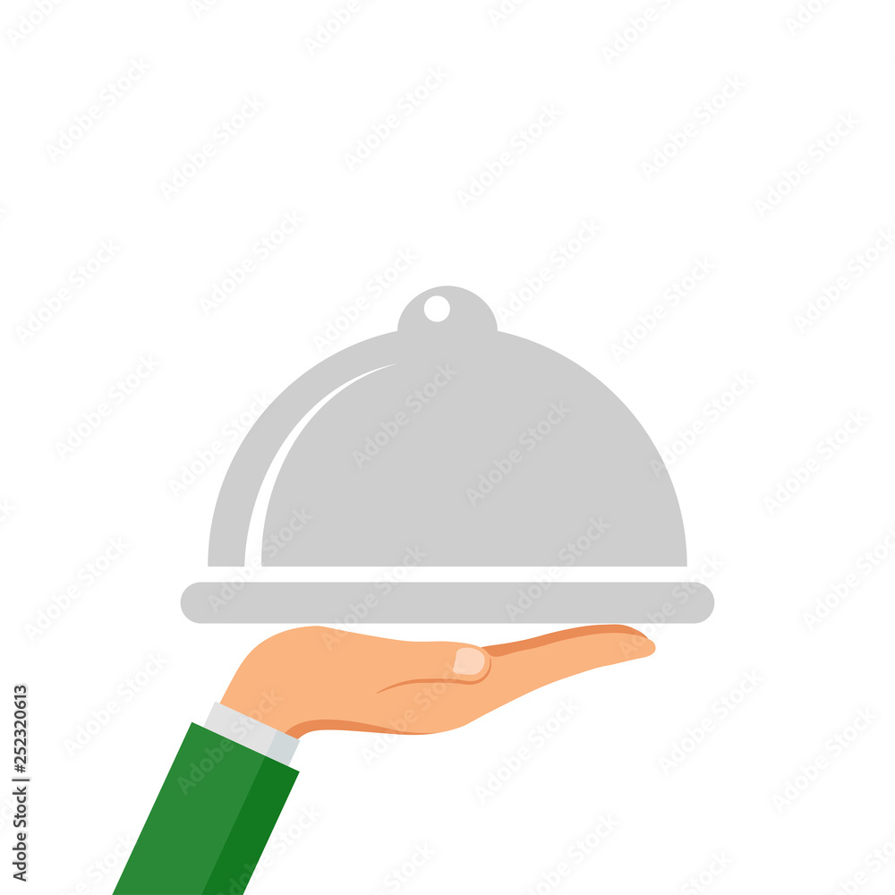 Serving dinner tray for waiter isolated on white background. Logo for restaurant. Vector flat cartoon design Serving dinner tray for waiter isolated on white background. Logo for restaurant. Vector flat cartoon design