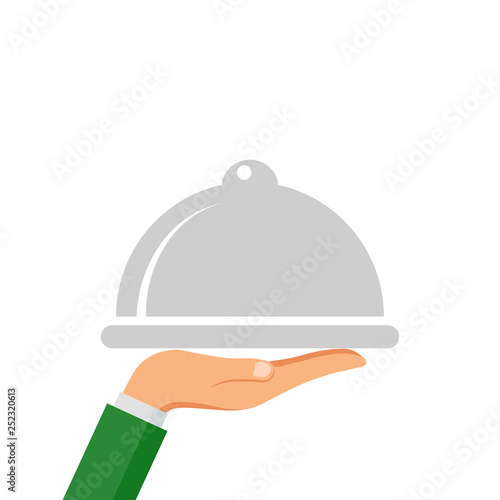 Serving dinner tray for waiter isolated on white background. Logo for restaurant. Vector flat cartoon design