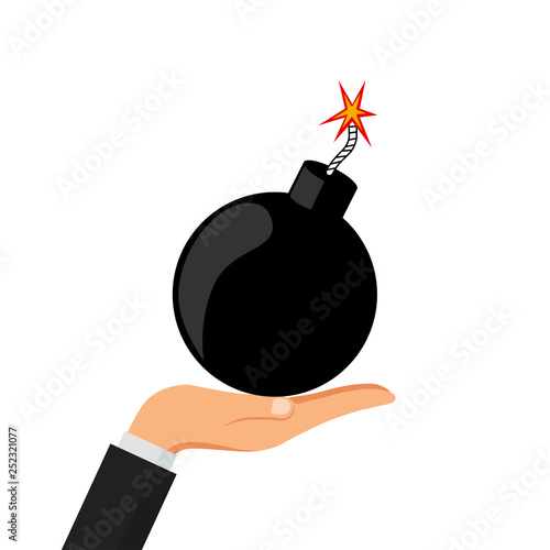 Round bomb with fire isolated on white background. Explosion. Danger weapon. Vector cartoon design