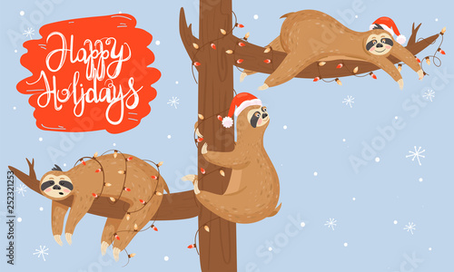 Christmas and Happy New Year card with slothes. Cute lazy slothes hanging on a branch. Animal wearing Santa hat and garland. Vector illustration.