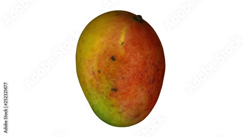 Realistic render of a rotating Sindhoora mango on white background. The video is seamlessly looping, and the 3D object is scanned from a real mango. photo