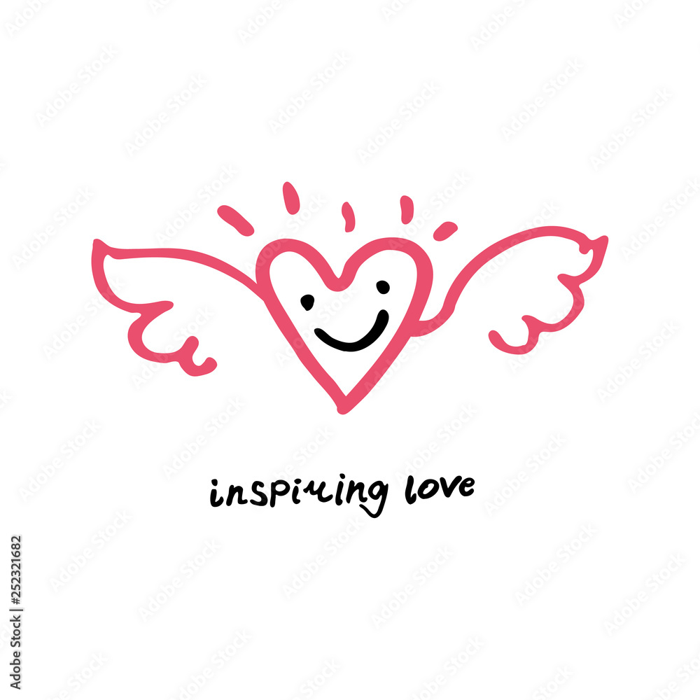 Inspiring love. Hand drawn logo line art wings and heart and face smile. Can be used for different designs, for example a print on a t-shirt.