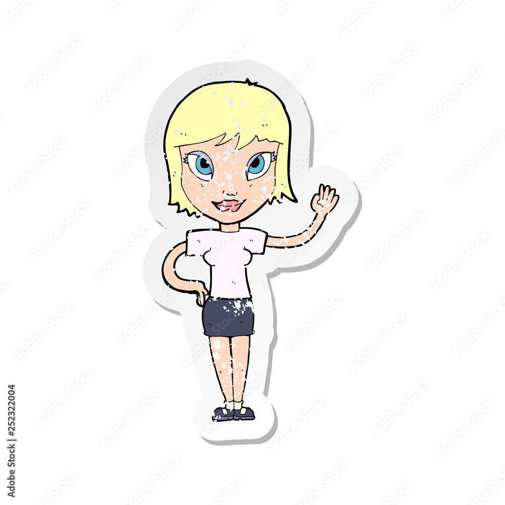 retro distressed sticker of a cartoon woman waving retro distressed sticker of a cartoon woman waving
