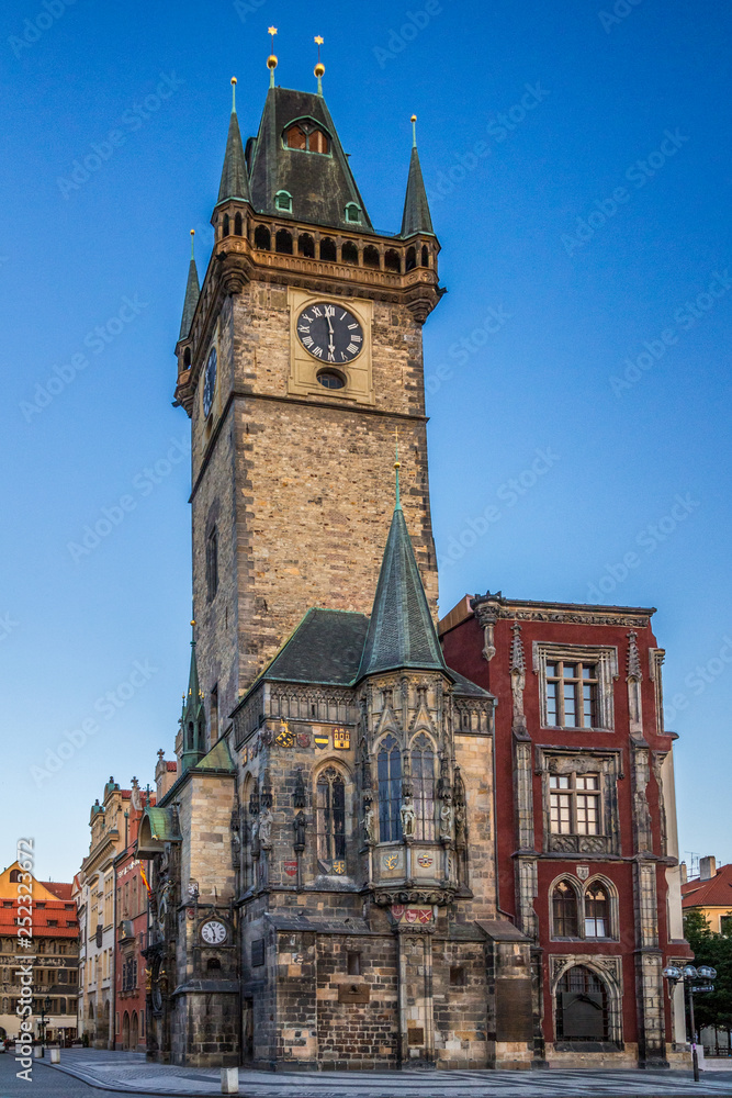 The tower of the City Hall in the Old Town Square in Prague, Czech Republic, Europe.