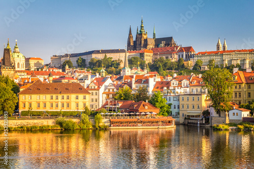 Prague Castle above Vltava river morning at sunrise, Czech Republic, Europe.