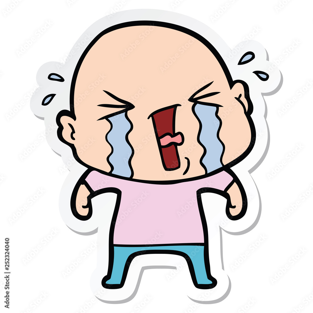 sticker of a cartoon crying bald man