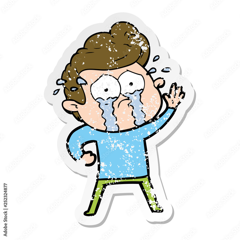 distressed sticker of a cartoon crying man waving distressed sticker of a cartoon crying man waving