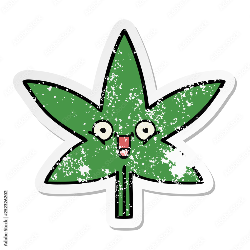 distressed sticker of a cute cartoon marijuana leaf distressed sticker of a cute cartoon marijuana leaf