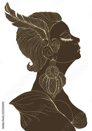 Vector portrait in profile of elegant lady in retro style. Flapper girl with a feather in a short hairstyle and a big earring. Art Deco style jazz party. Decorated dark silhouette with light line A4