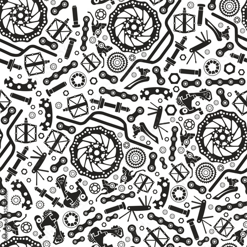 Bicycles. Seamless pattern of bicycle parts. Isolated vector image.