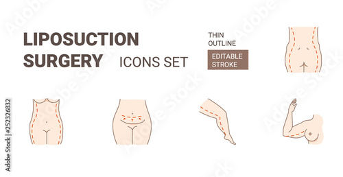 Plastic surgery fat body liposuction treatment icons.