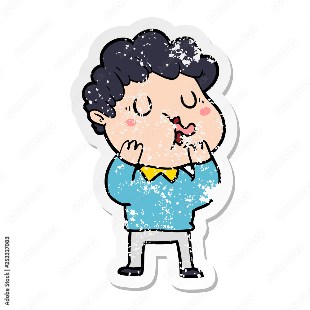 distressed sticker of a cartoon man singing distressed sticker of a cartoon man singing