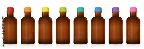 Medicine phials. Set of different pharmaceutical bottles with colored plastic screw caps. Unlabeled vials for pills, tablets, capsules, globuli. Brown glass. Isolated vector on white.