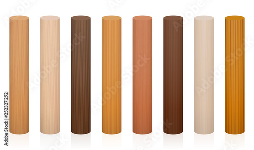 Wooden posts. Collection of wooden rods, different colors, glazes, textures from various trees to choose - brown, dark, gray, light, red, yellow, orange decor models - vector on white background.