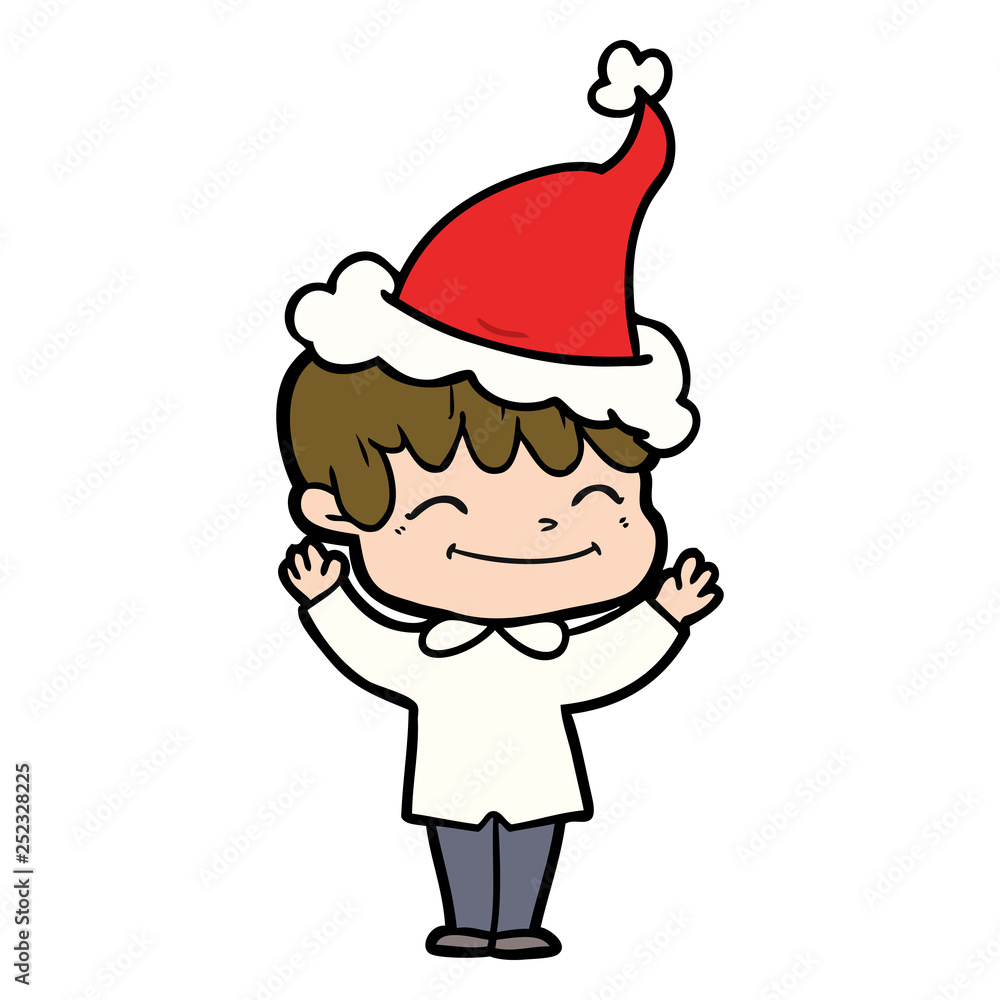 line drawing of a happy boy wearing santa hat