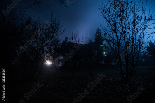 Old house with a Ghost in the forest at night or Abandoned Haunted Horror House in fog. Old mystic building in dead tree forest. Trees at night with moon.