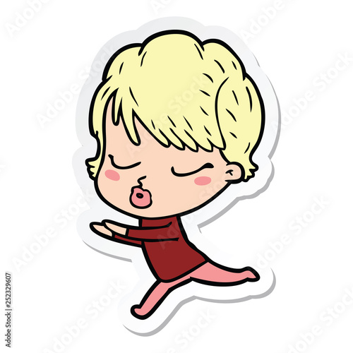sticker of a cartoon woman with eyes shut