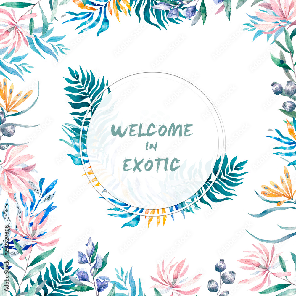 Watercolor exotic circle frame with tropical leaves, flowers and toucan for wedding, invite, birthday card. Isolated illustrarion summer colors on white background Watercolor exotic circle frame with tropical leaves, flowers and toucan for wedding, invite, birthday card. Isolated illustrarion summer colors on white background