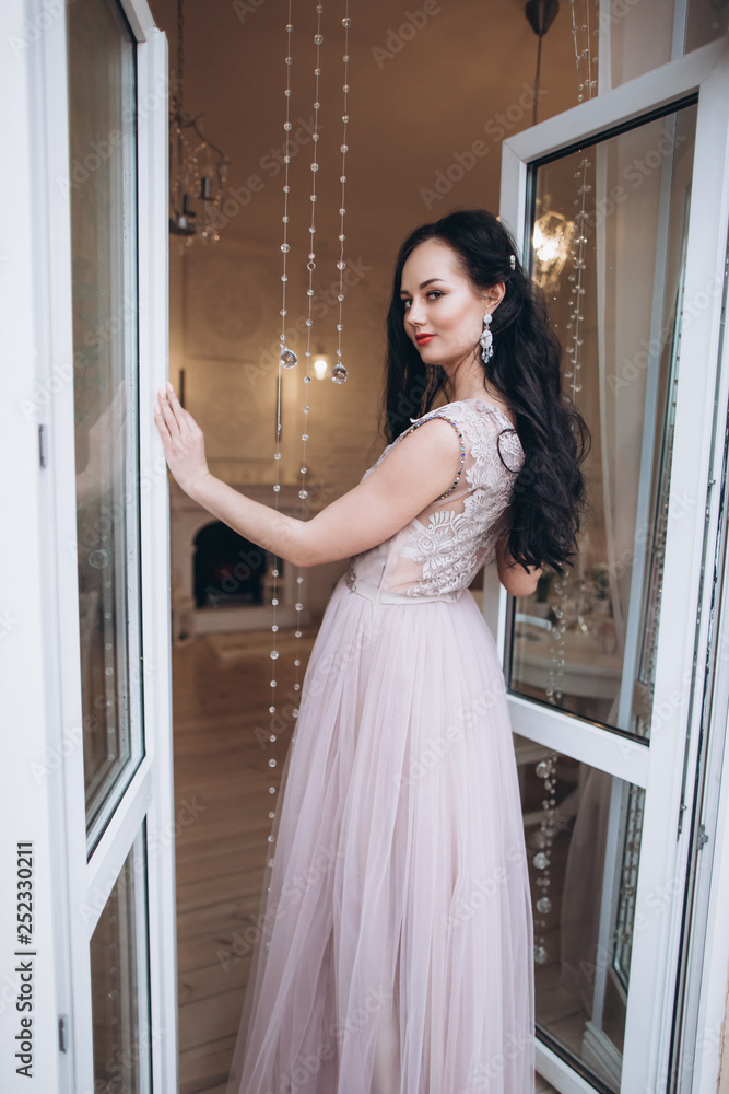 Tender elegant bride in wedding dress. Fashion beauty brunette girl preparing for a marriage Tender elegant bride in wedding dress. Fashion beauty brunette girl preparing for a marriage
