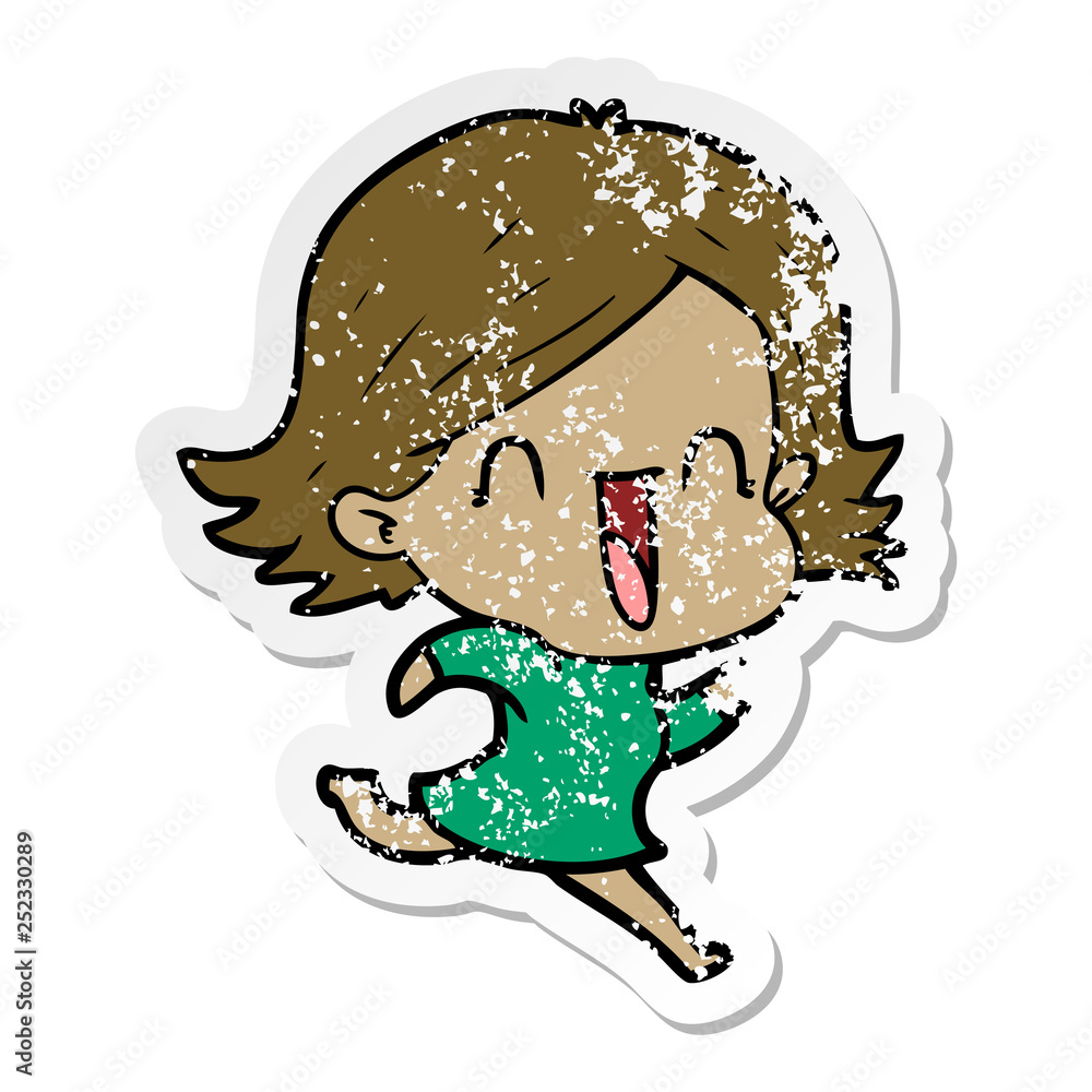 distressed sticker of a cartoon happy woman distressed sticker of a cartoon happy woman
