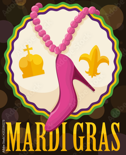 Hanging High Heel in Necklace for Mardi Gras Carnival, Vector Illustration
