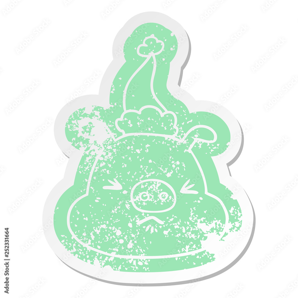cartoon distressed sticker of a angry pig face wearing santa hat cartoon distressed sticker of a angry pig face wearing santa hat
