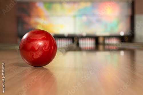 Bowling ball on a wooden bowling alley at the club