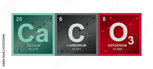 Vector symbol of calcium carbonate CaCO3 compound consisting of calcium, carbon and oxygen atoms and molecules on the background from connected molecules photo