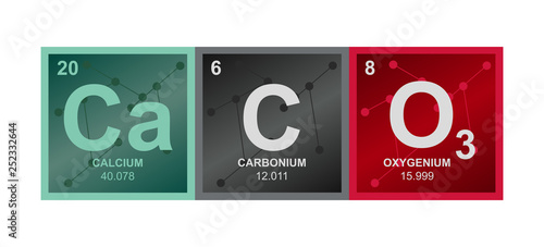 Vector symbol of calcium carbonate CaCO3 compound consisting of calcium, carbon and oxygen atoms and molecules on the background from connected molecules