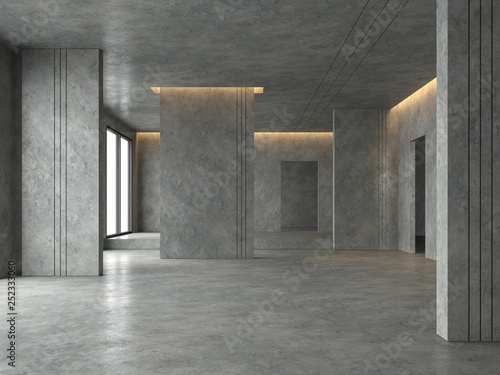 Loft space empty room 3d render,There are polished concrete floor and wall decorate with hidden warm light in ceiling