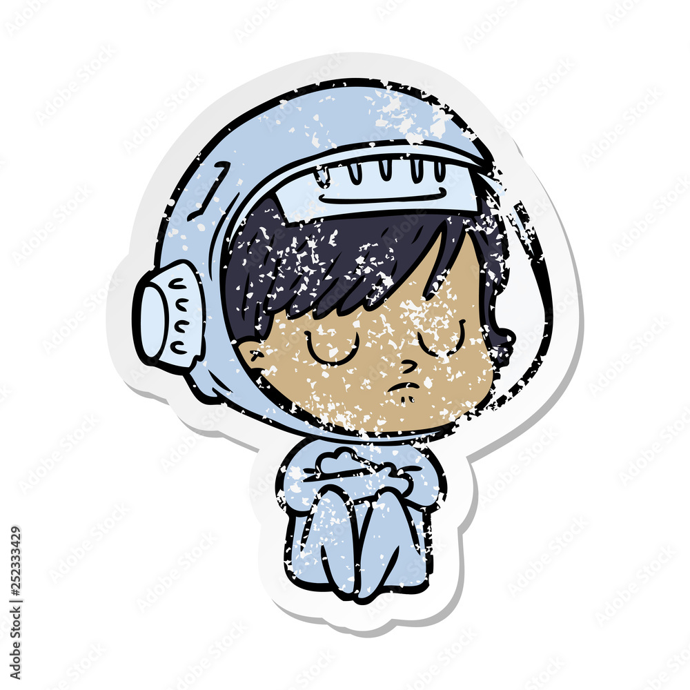 distressed sticker of a cartoon astronaut woman distressed sticker of a cartoon astronaut woman