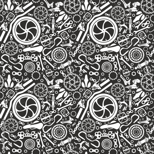 Bicycles. Seamless pattern of bicycle parts. Isolated vector image.