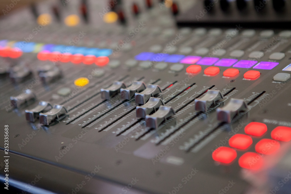Sound recording studio mixing desk. Music mixer control panel Sound recording studio mixing desk. Music mixer control panel