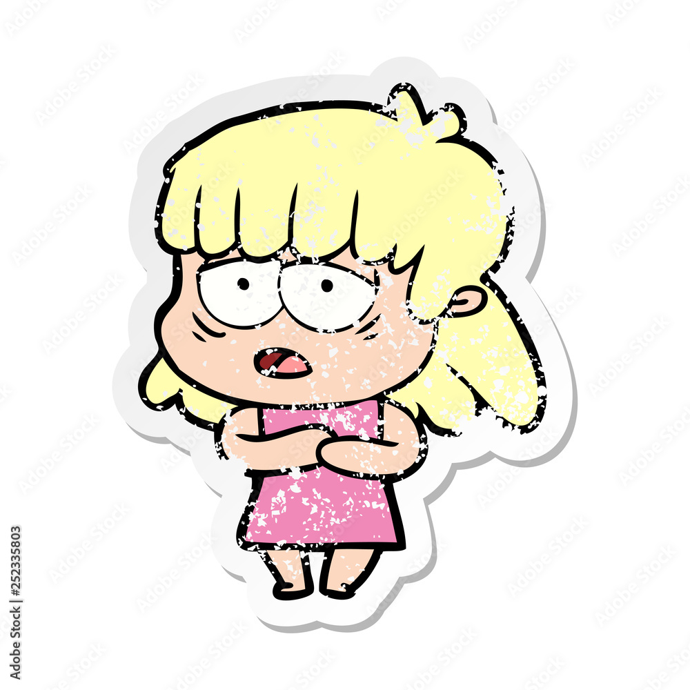 distressed sticker of a cartoon tired woman distressed sticker of a cartoon tired woman