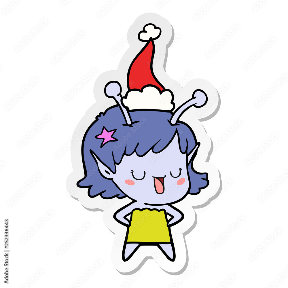 happy alien girl sticker cartoon of a wearing santa hat happy alien girl sticker cartoon of a wearing santa hat