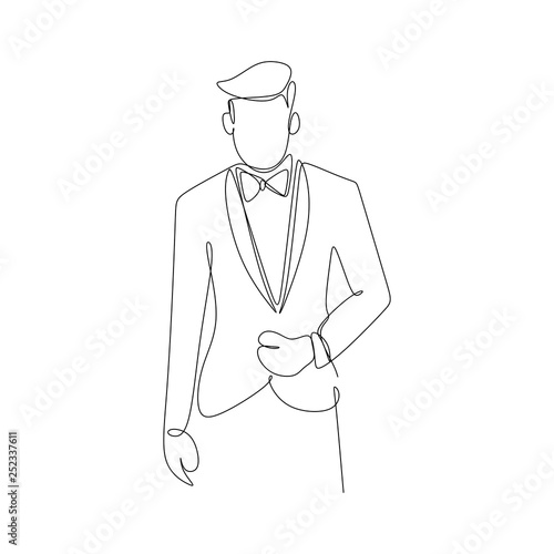 A person with a suit dress continuous line art drawing of famous businessman standing pose success concept