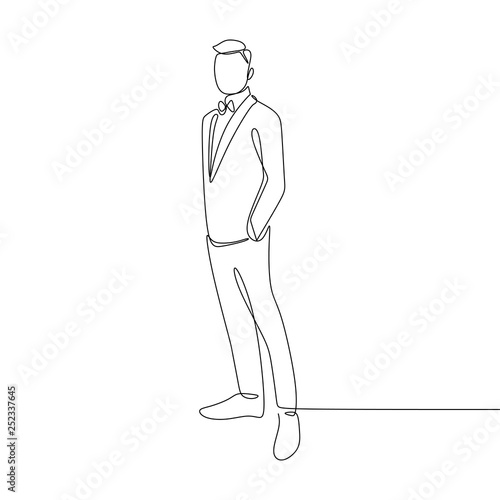 A person with a suit dress continuous line art drawing of famous businessman standing pose success concept