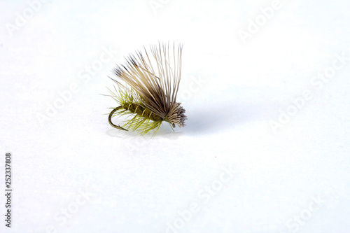 Trout Fly - Small Yellow Bug with Fuzzy Spikes on White BG