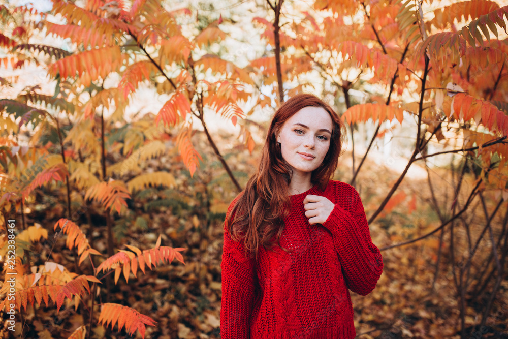 Close up outdoor portrait of caucasian ginger dreaming and smiling sensual tender young girl in autumn park. Beauty, nature, seasons, emotions concept Close up outdoor portrait of caucasian ginger dreaming and smiling sensual tender young girl in autumn park. Beauty, nature, seasons, emotions concept