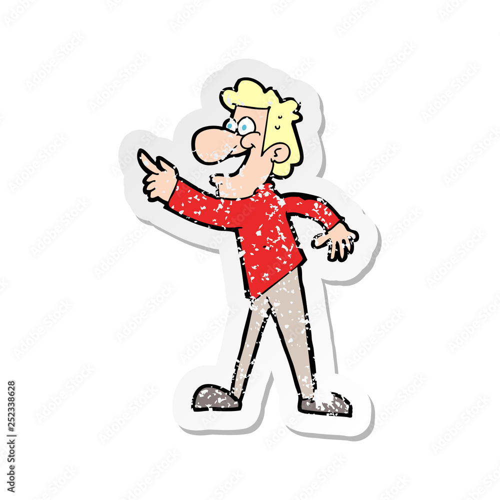 retro distressed sticker of a cartoon man pointing and laughing retro distressed sticker of a cartoon man pointing and laughing
