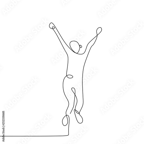 Continuous line drawing of happy person rising his hands vector illustration