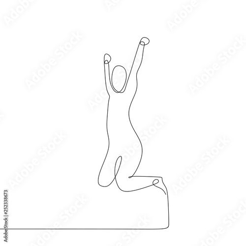 Continuous line drawing of happy man jumping and rising his hands vector illustration