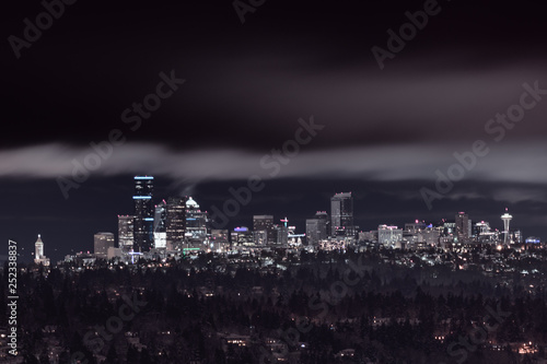 Seattle skyline at night as major snowstorm rolls in on Snowpocalypse February 10, 2019 photo
