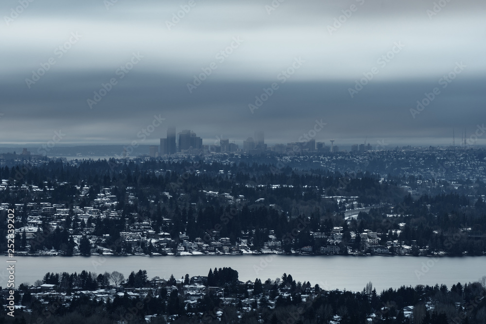 Long exposure of Seattle skyline after snowstorm in 2019 Long exposure of Seattle skyline after snowstorm in 2019