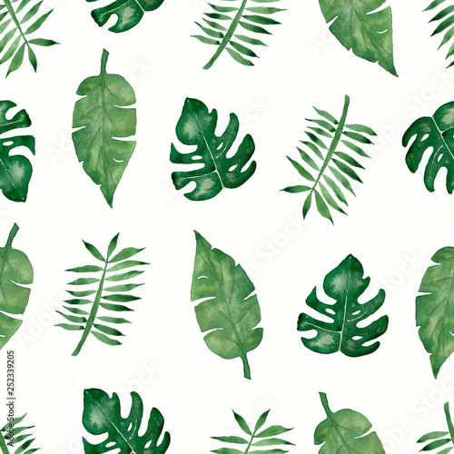 Watercolor tropical palm,monstera leaves seamless pattern.