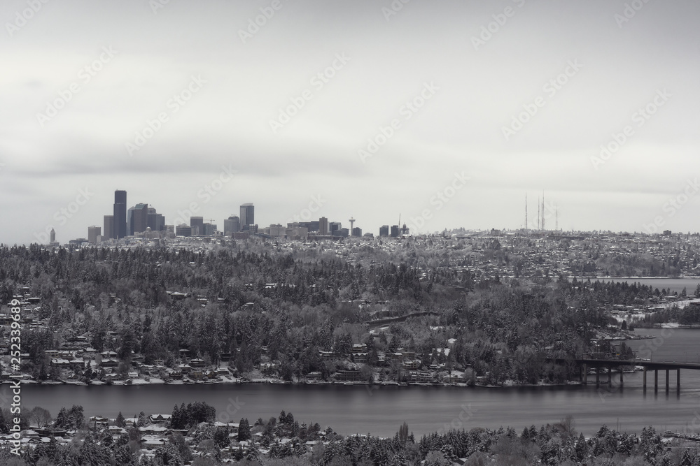 Long exposure of Seattle skyline after snowstorm in 2019